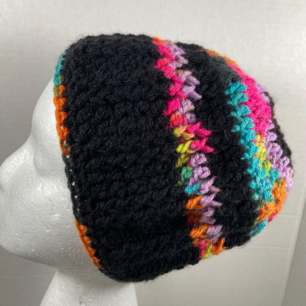 Unbranded Unisex Black Multicolor Crochet Knit Beanie Winter Hat